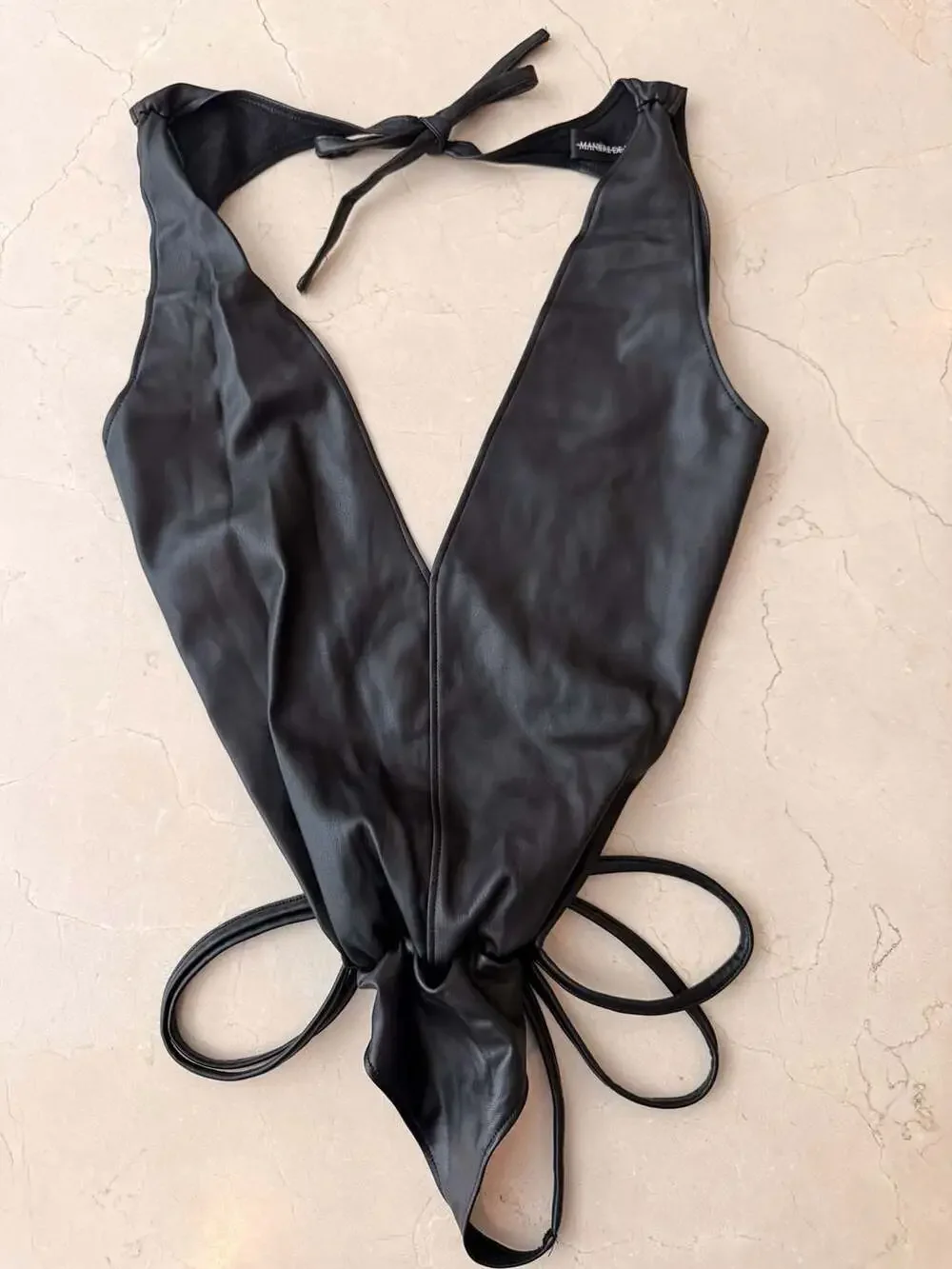 Maniere De Voir Faux Vegan Leather Halter Bodysuit with Waist Tie Detail